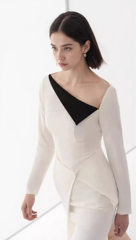 REGINA WHITE ASYMMETRIC NECK POLYCOTTON SHEATH MIDI DRESS