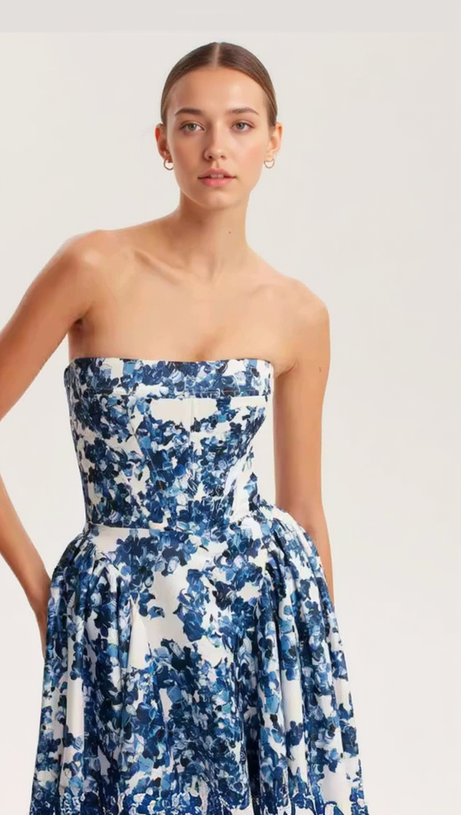 LETITIA BLUE HYDRANGEA STRAPLESS MAXI DRESS
