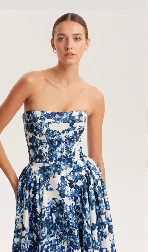 LETITIA BLUE HYDRANGEA STRAPLESS MAXI DRESS