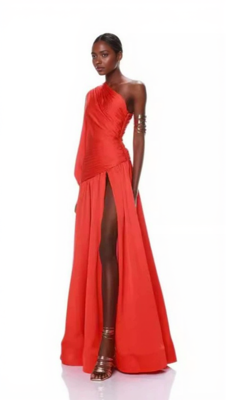 MEGAN RED SATIN PLEAT ONE-SHOULDER LONG SLEEVE MAXI DRESS