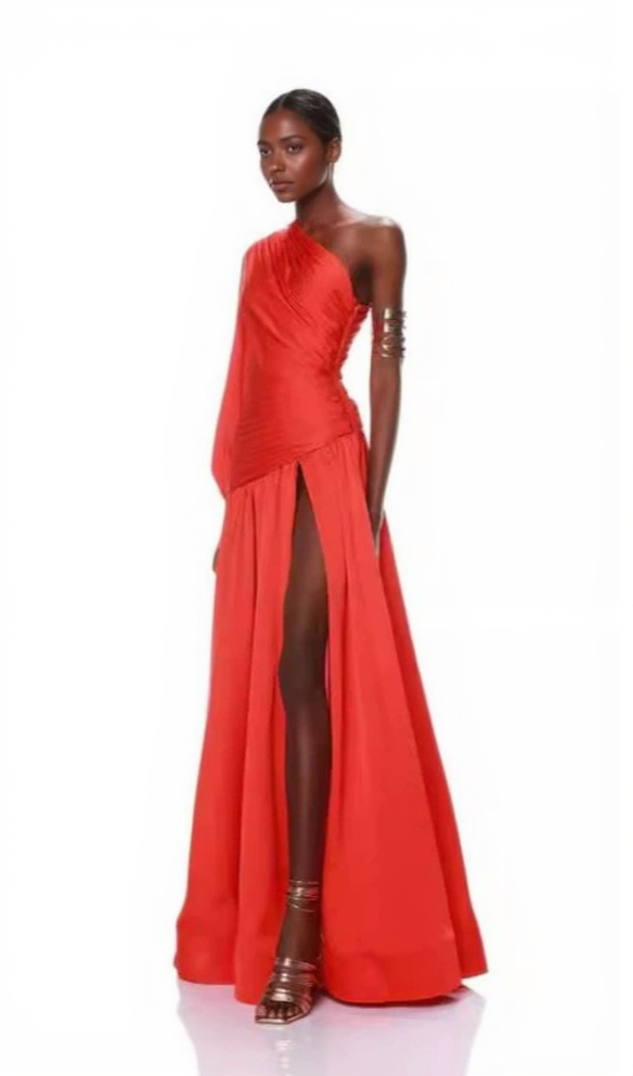 AIIZIE MEGAN RED SATIN PLEAT ONE-SHOULDER LONG SLEEVE MAXI DRESS - product image