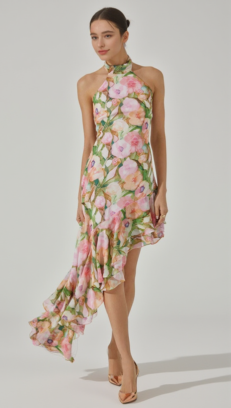 SABINA PINK GREEN ASYMMETRIC FLORAL HALTER MIDI DRESS