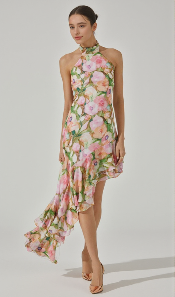 AIIZIE SABINA PINK GREEN ASYMMETRIC FLORAL HALTER MIDI DRESS - product image