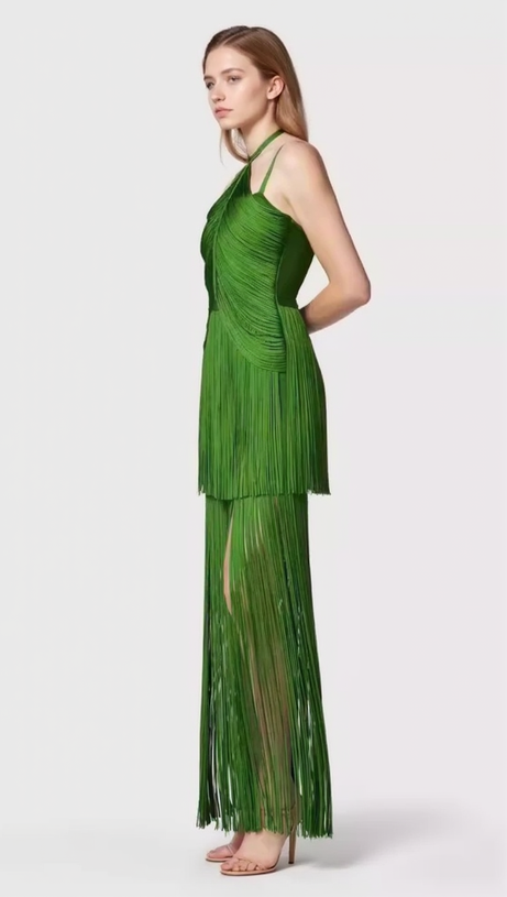 BRIANNA HALTER NECK FRINGE TASSEL DRESS IN GREEN