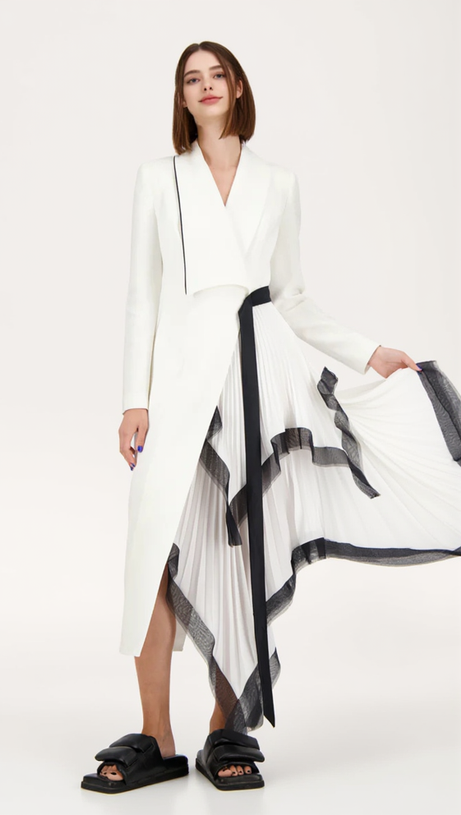 ASYMMETRIC PLEATED RUFFLE TRIM BLAZER DRESS IN WHITE