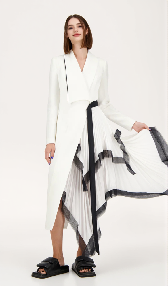AIIZIE ASYMMETRIC PLEATED RUFFLE TRIM BLAZER DRESS IN WHITE - product image