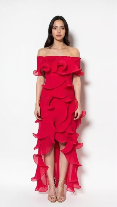 DORA ROSE RED OFF-SHOULDER PLEATED ORGANZA MAXI DRESS