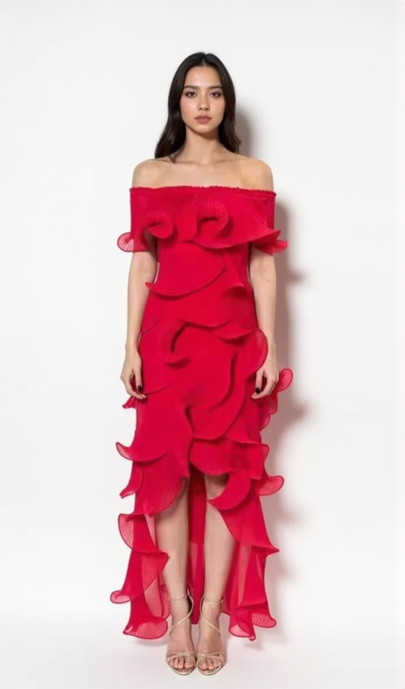 DORA ROSE RED OFF-SHOULDER PLEATED ORGANZA MAXI DRESS