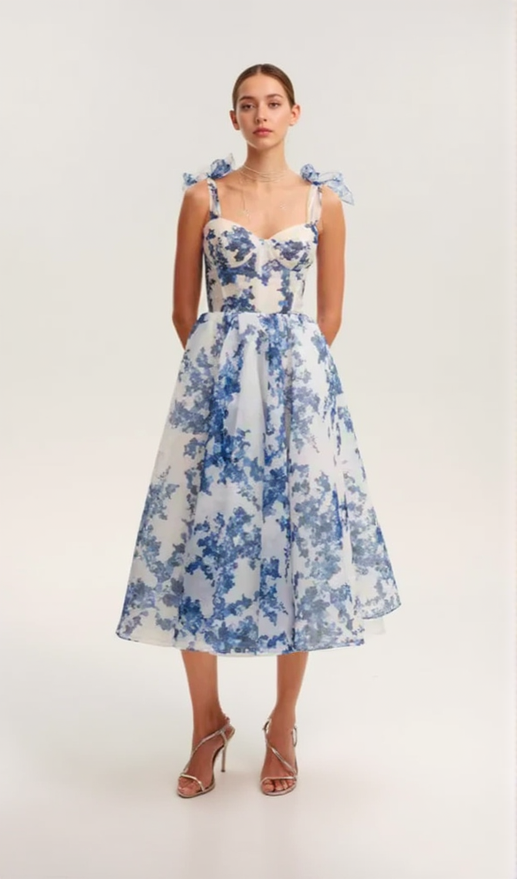 PRIMA HELLBLAUES MIDIKLEID MIT BLUMENMUSTER IN A-LINIE UND TRÄGERN