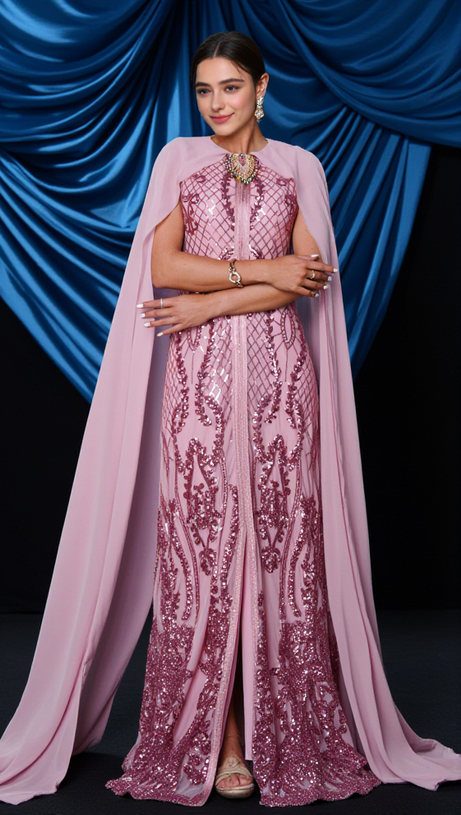 METALLIC EMBELLISHED COLLAR CAPE SLEEVE DRESS IN LIGHT PINK