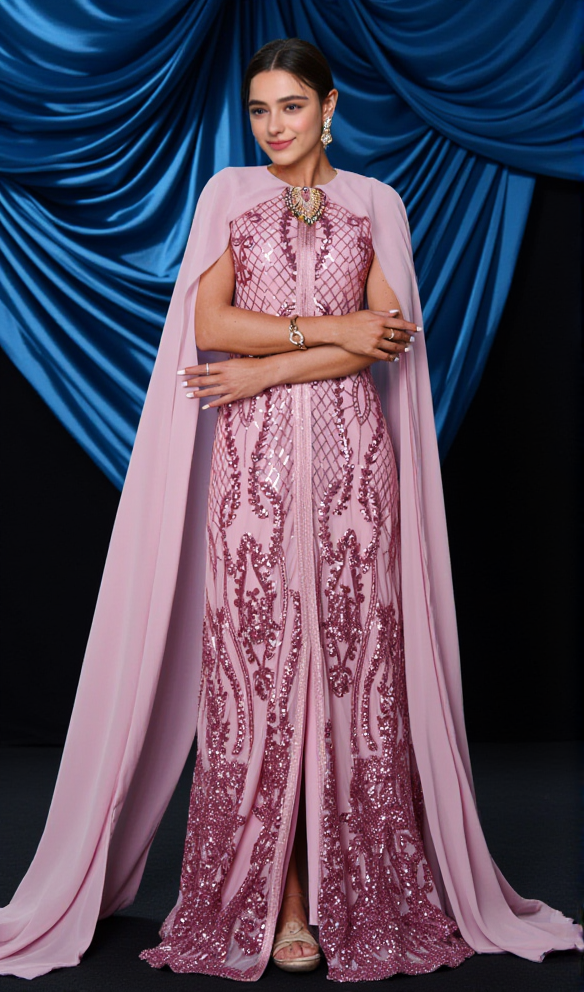 AIIZIE METALLIC EMBELLISHED COLLAR CAPE SLEEVE DRESS IN LIGHT PINK - product image