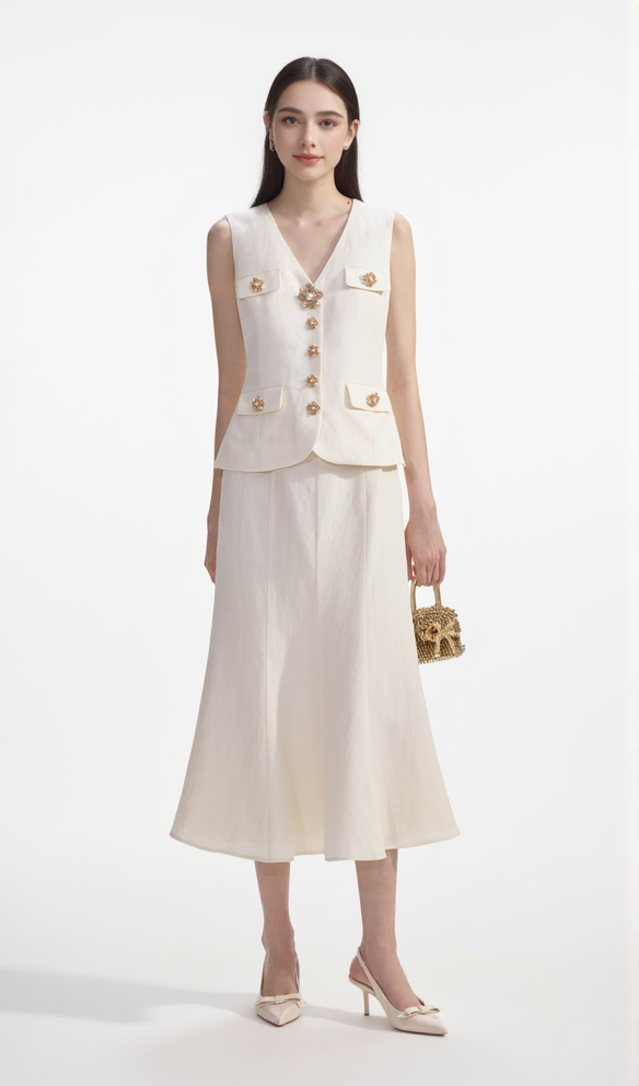 CREAM LINEN MIDI DRESS