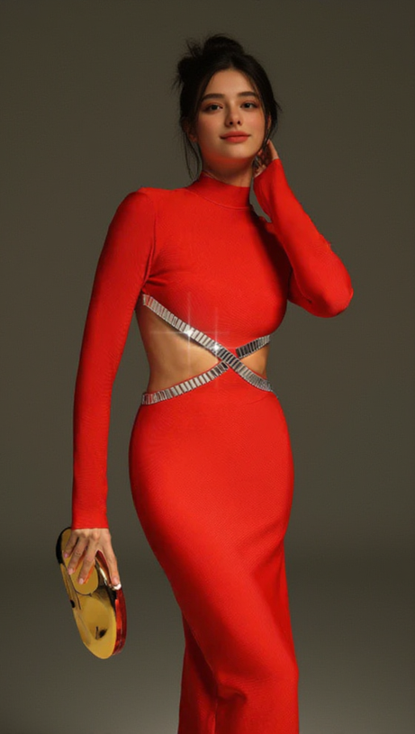 BAGUETTE CRYSTALS SIDE CUTOUTS EMBROIDERED RED CRÊPE MAXI DRESS