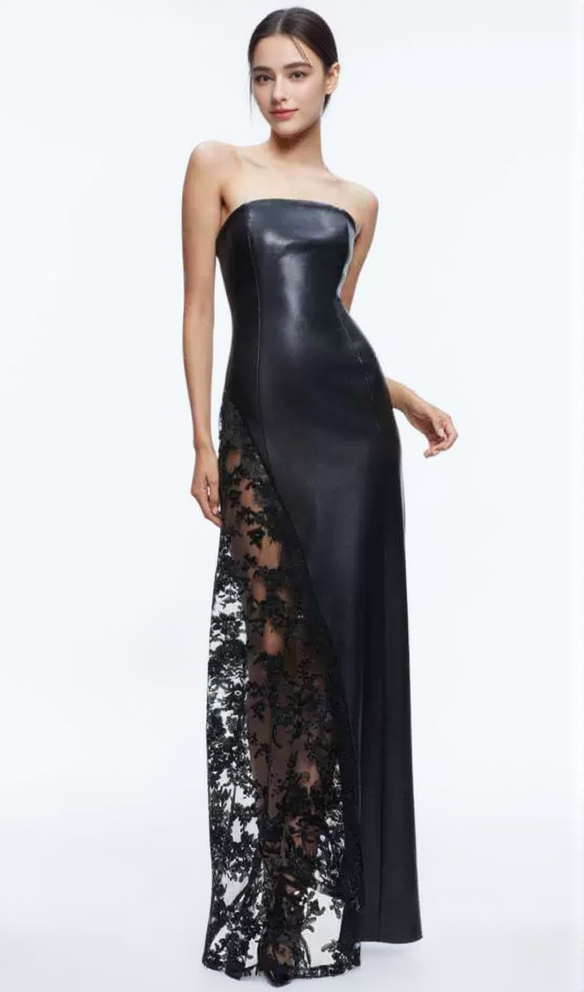 RETHA FAUX LEATHER LACE MAXI DRESS IN BLACK