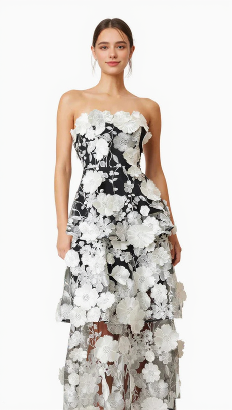 SELENE 3D FLOWER TIERED MAXI DRESS IN BLACK