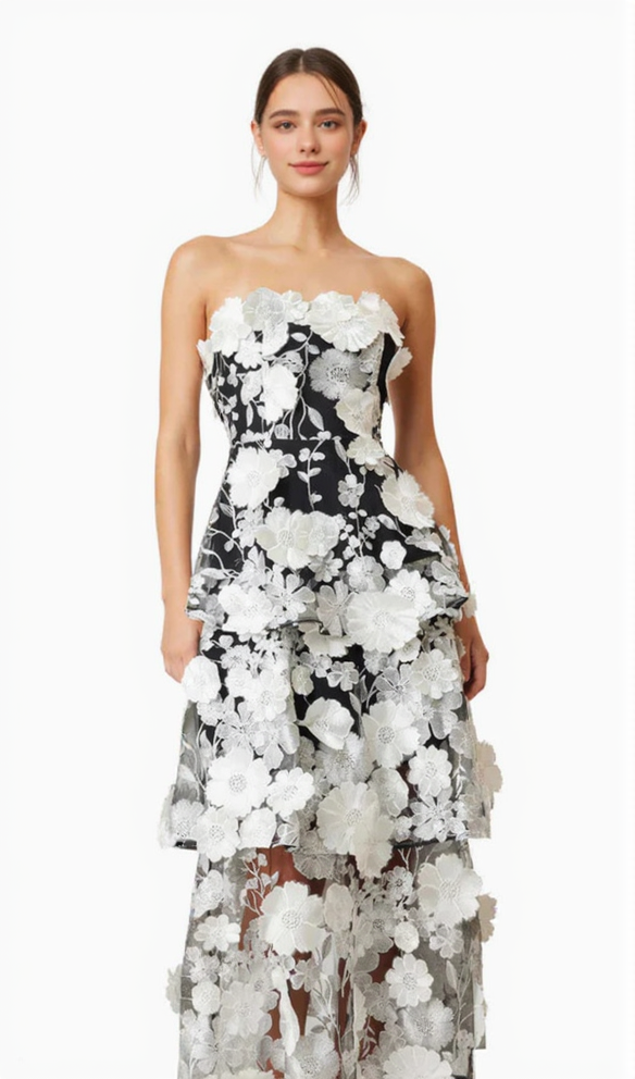 AIIZIE SELENE 3D FLOWER TIERED MAXI DRESS IN BLACK - product image