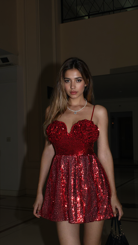 BERNICE DARK RED SEQUIN CORSAGE BANDEAU MINI DRESS