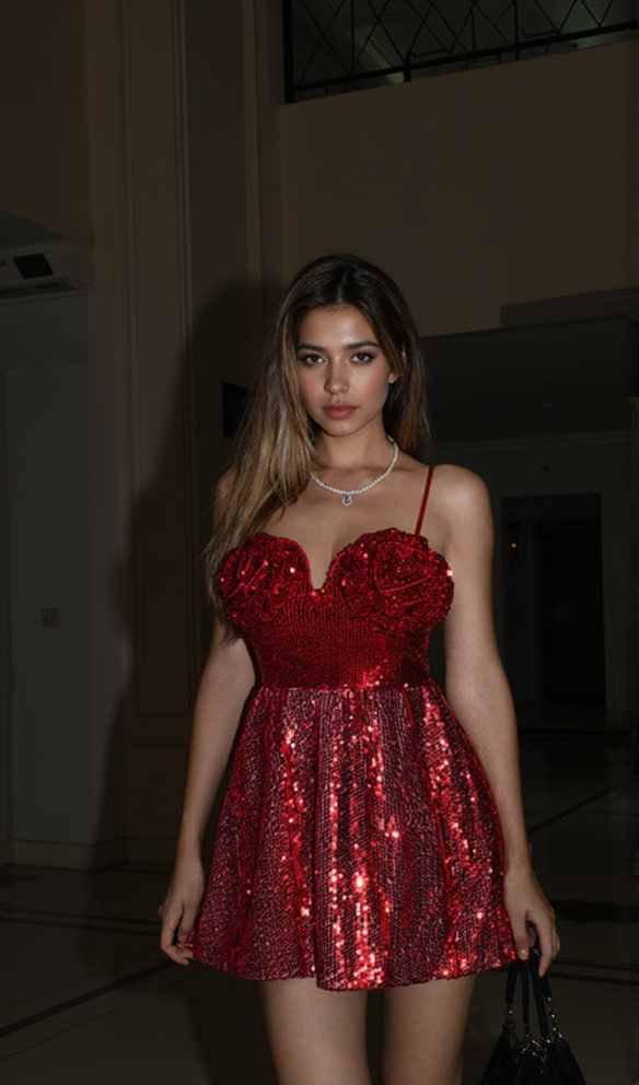 BERNICE DARK RED SEQUIN CORSAGE BANDEAU MINI DRESS