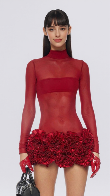 SAMANTHA POPPIES EMBELLISHED MINI DRESS IN RED