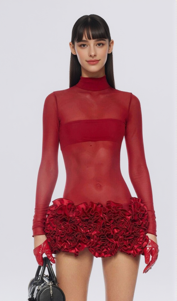 SAMANTHA POPPIES EMBELLISHED MINI DRESS IN RED