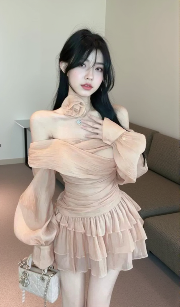 AIIZIE PUFF SLEEVE RUFFLE TRIM MESH CREP DRESS IN NUDE COLOR - product image