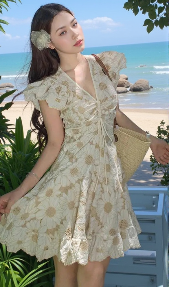 AIIZIE RENATA DAISY GUIPURE V NECK MINI DRESS - product image