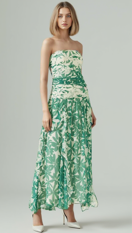 PRINT STRAPLESS CONTRAST MAXI DRESS IN GREEN