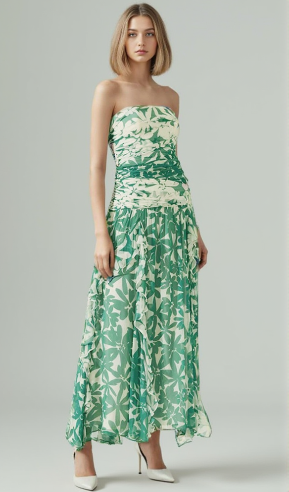 AIIZIE PRINT STRAPLESS CONTRAST MAXI DRESS IN GREEN - product image