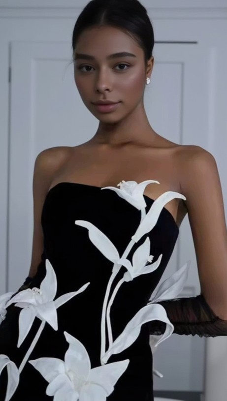 TULIP FLOWER A-LINE STRAIGHT ACROSS NECK VELVET MINI DRESS