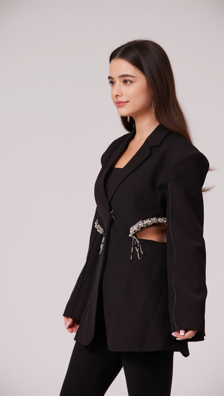 CRYSTAL-EMBELLISHED CUT OUT BLAZER DRESS IN BLACK