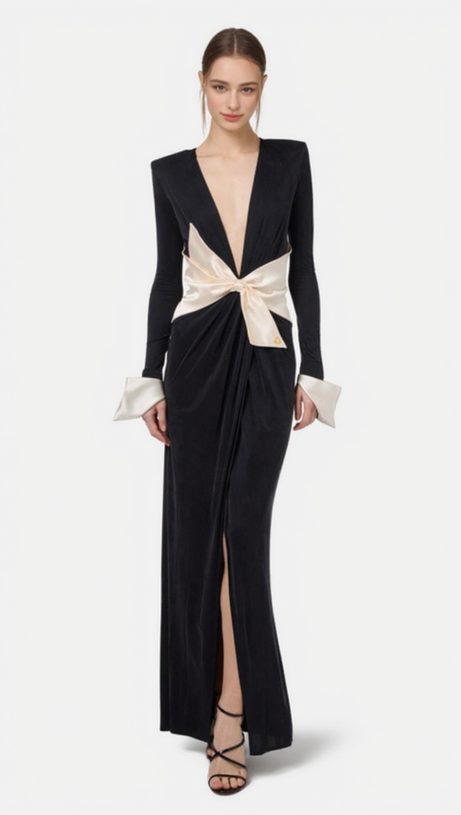 BOW BLACK CARPET DRESS IN DRAPE JERSEY