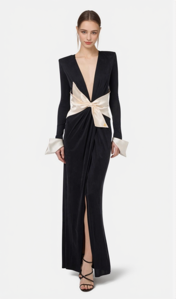AIIZIE BOW BLACK CARPET DRESS IN DRAPE JERSEY - product image