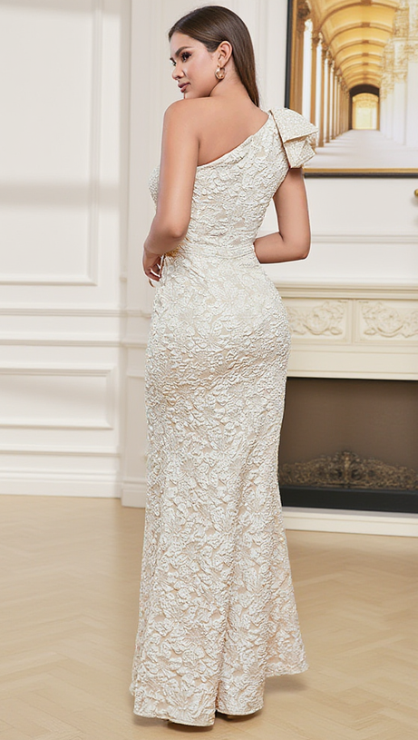 CELESTE ONE-SHOULDER BOW JACQUARD HIGH SLIT MAXI DRESS