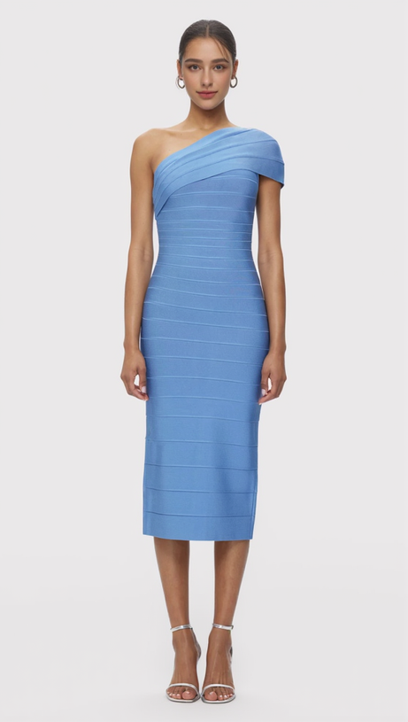 ABIGAIL ONE-SHOULDER BANDAGE MIDI DRESS IN BLUE