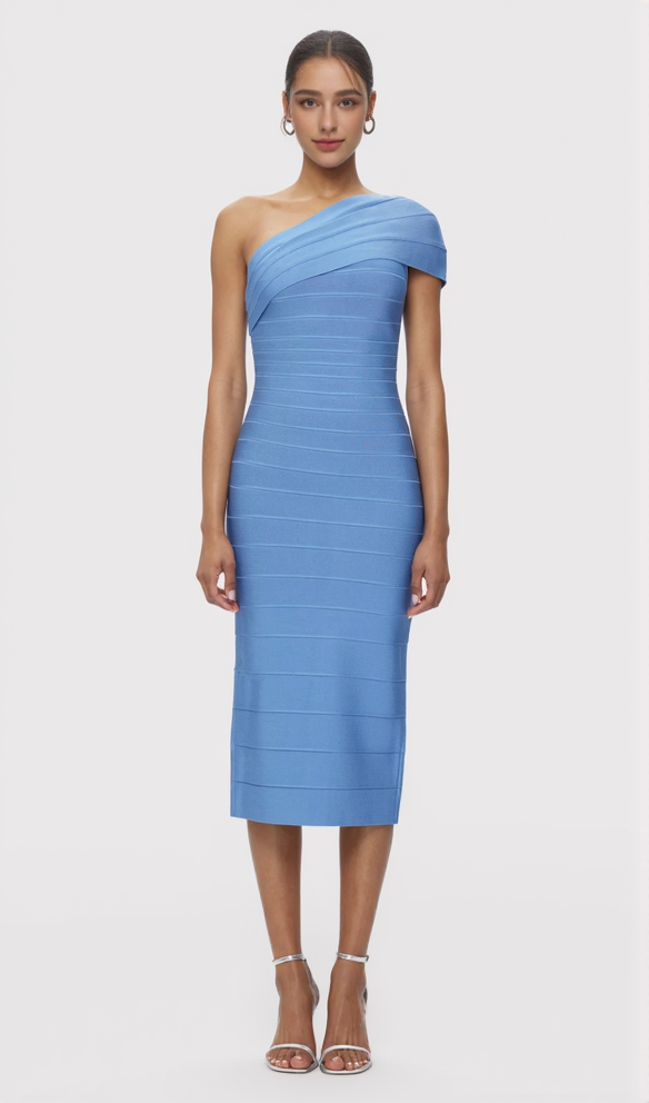 AIIZIE ABIGAIL ONE-SHOULDER BANDAGE MIDI DRESS IN BLUE - product image