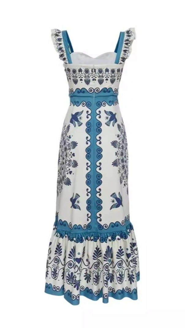 AIIZIE PRINT RUCHED STRAPS MINI DRESS IN BLUE - product image
