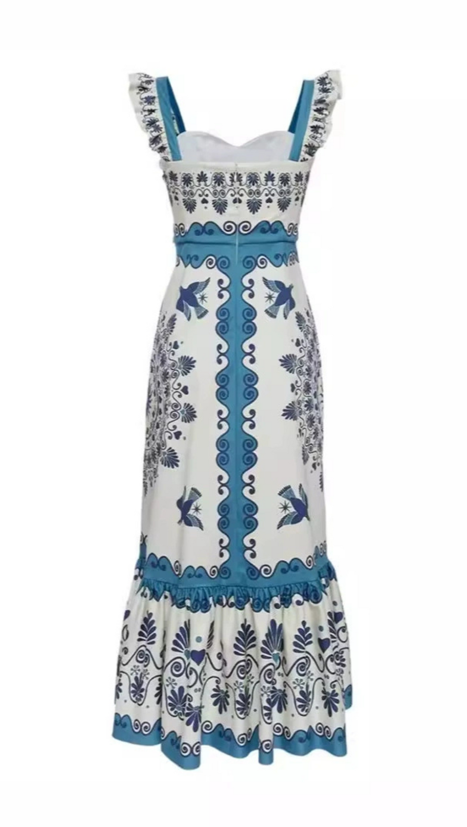 MINI ABITO CON SPALLINE ARRICCIATE E STAMPATE IN BLU