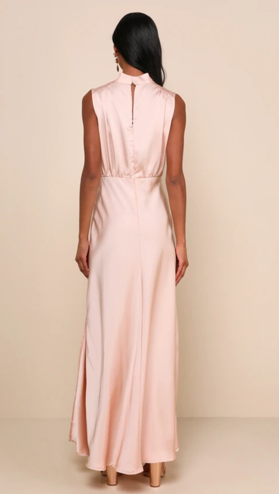 BLUSH SATIN SLEEVELESS MOCK NECK MAXI DRESS