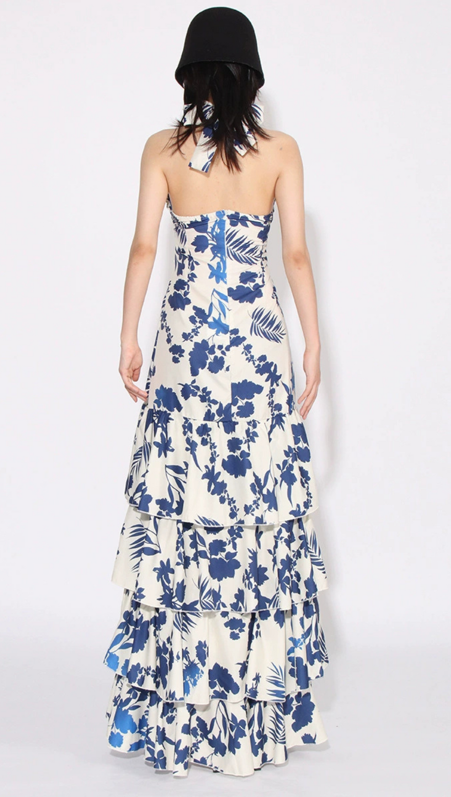 CAROLINE SLEEVELESS RUFFLED PRINT HALTER MAXI DRESS