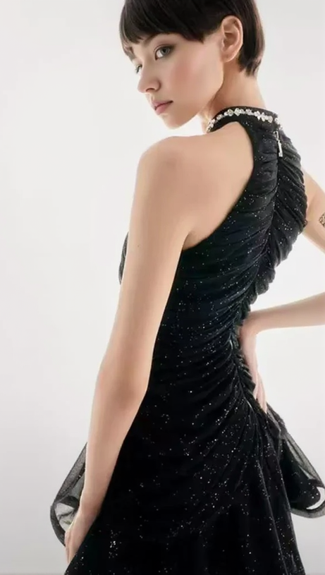 AMENAE EMBELLISHED RUCHED MINI DRESS IN BLACK