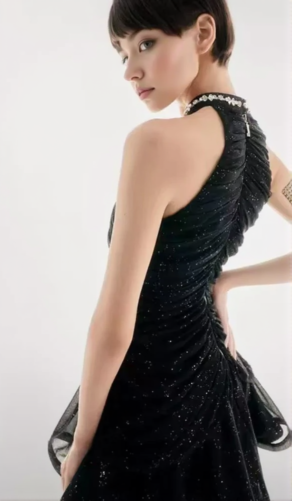 AIIZIE AMENAE EMBELLISHED RUCHED MINI DRESS IN BLACK - product image