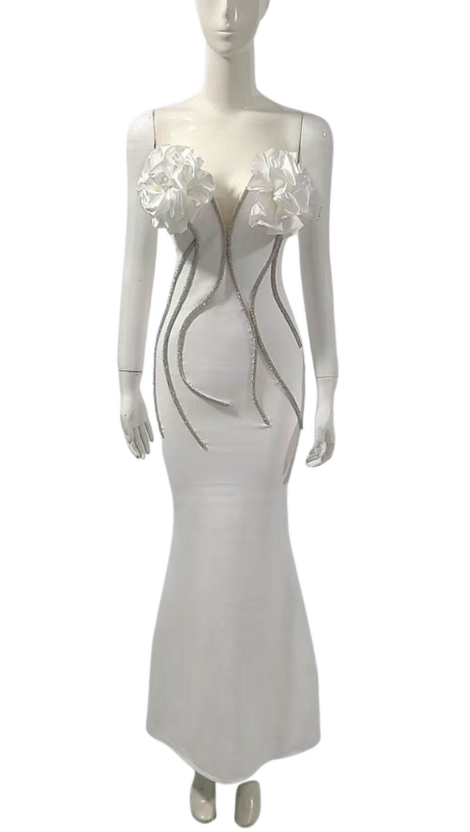 Schulterfreies, figurbetontes Kleid mit Blumen