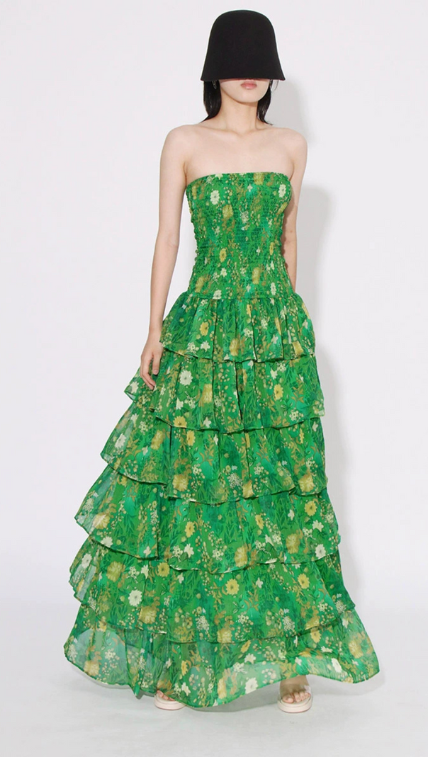 AIIZIE STRAPLESS LAYERED BANDEAU FLORAL PRINT MAXI DRESS IN GREEN - product image
