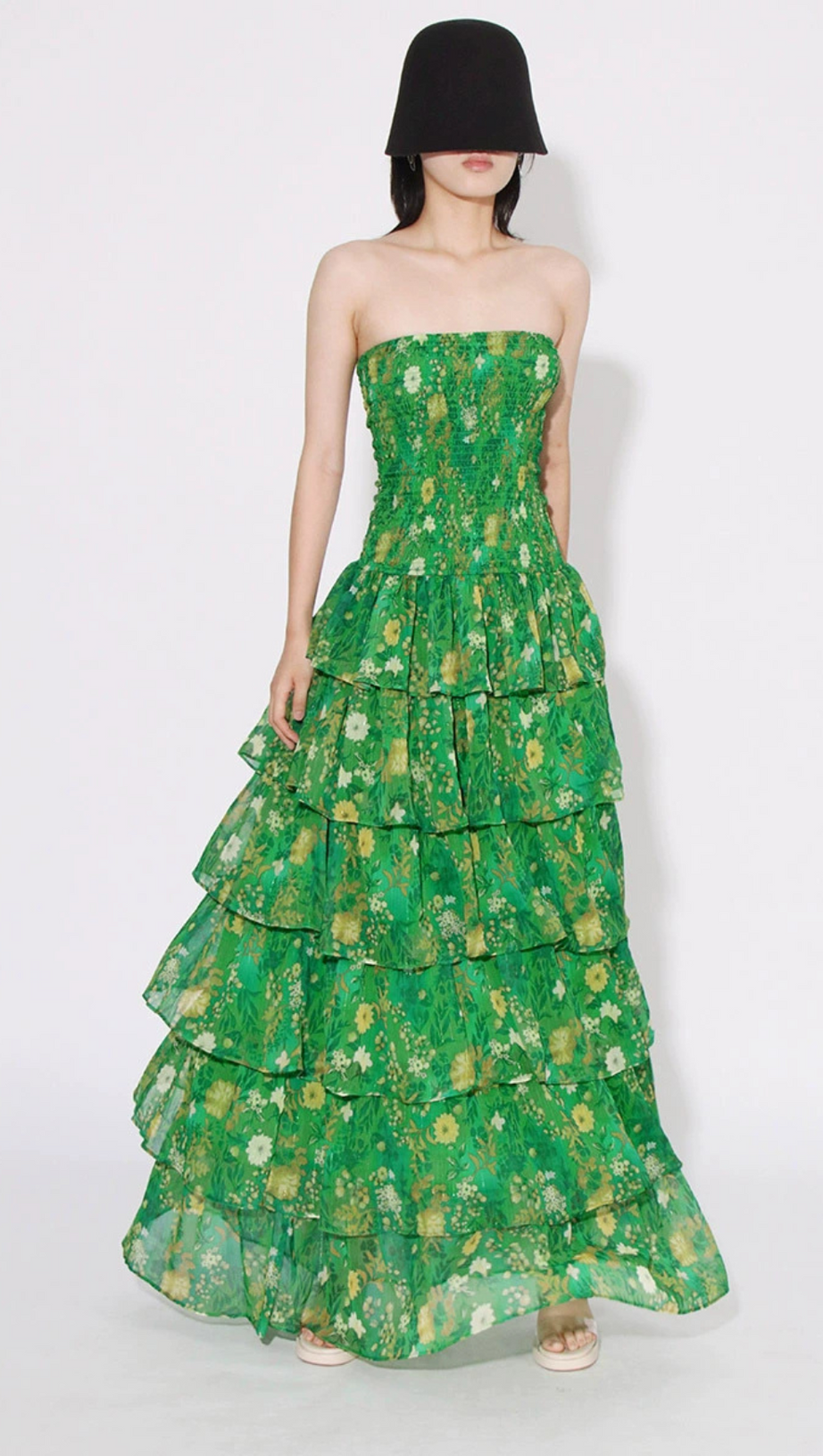 STRAPLESS LAYERED BANDEAU FLORAL PRINT MAXI DRESS IN GREEN