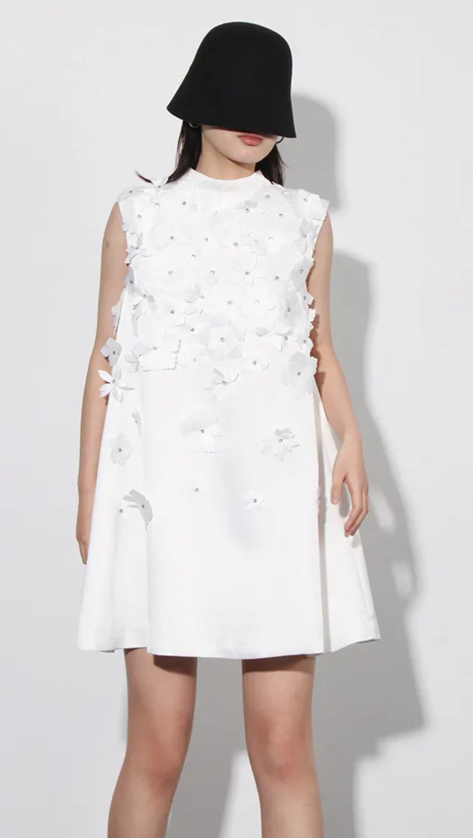 LYDIA FLOWER APPLIQUE MOCK NECK BOW TRIM MINI DRESS