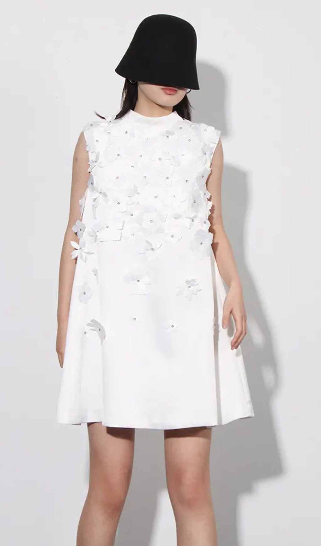 LYDIA FLOWER APPLIQUE MOCK NECK BOW TRIM MINI DRESS