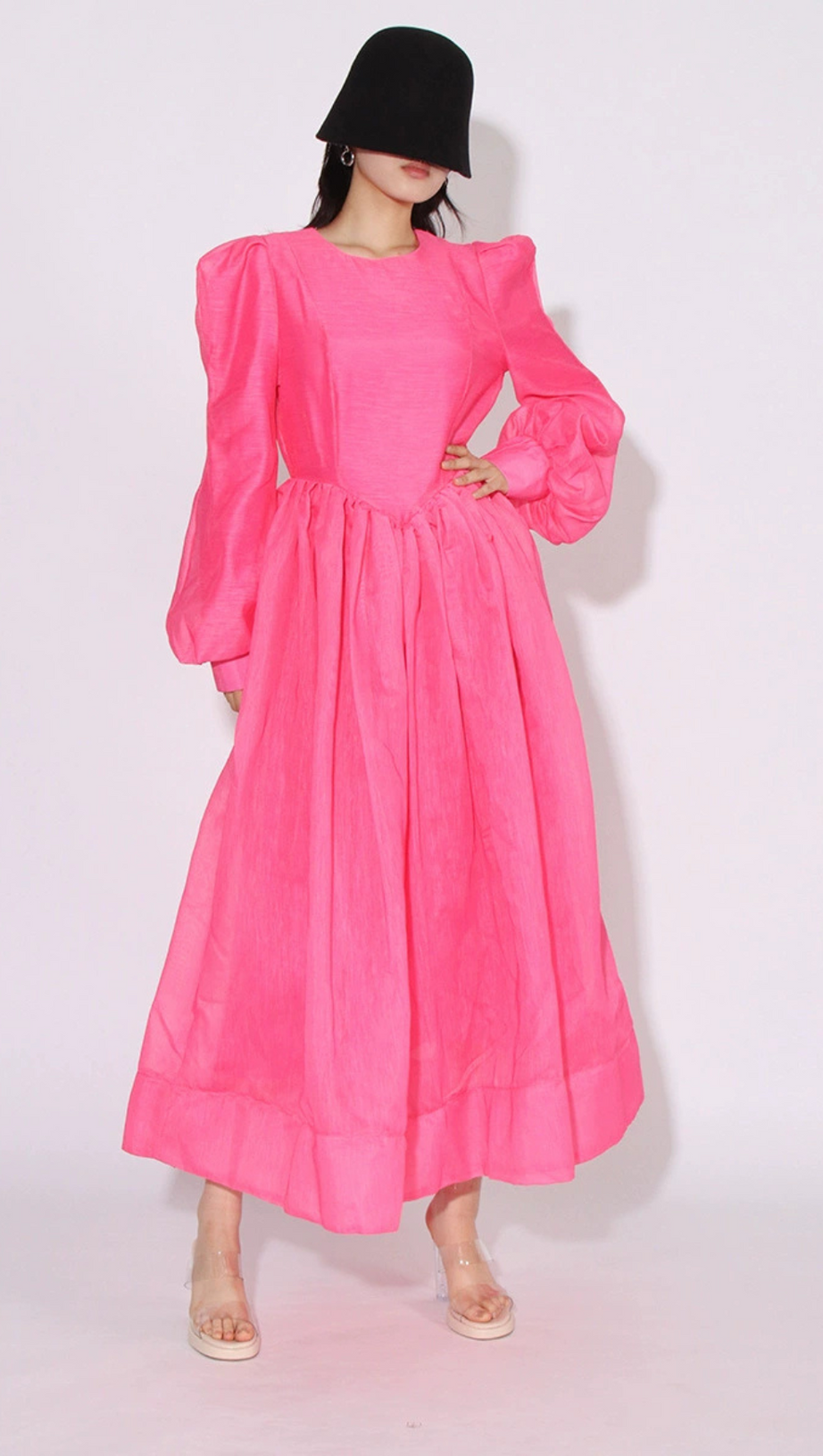 DELIA PINK LANTERN SLEEVE ROUND NECK MIDI DRESS