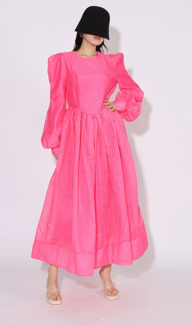 DELIA PINK LANTERN SLEEVE ROUND NECK MIDI DRESS