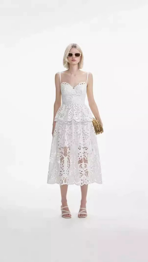 AIIZIE EVELYN CUT OUT LACE LAYERING MIDI DRESS IN WHITE - product image