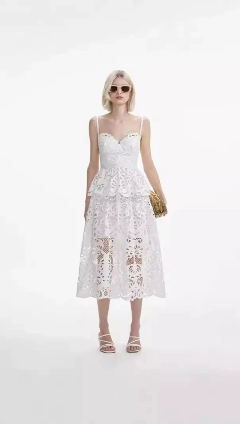 EVELYN CUT OUT LACE LAYERING MIDI DRESS IN WHITE